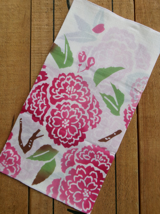 Decorative tenugui fabric with Yae Sakura cherry blossom pattern, framed in a stylish display, by Kamawanu.