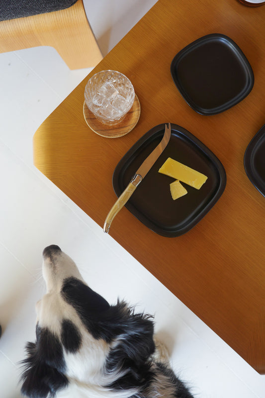White and black ceramic plate from 柳宗理's M series, showcasing sleek minimalist design and smooth finish.