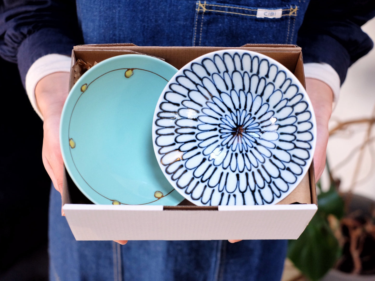 Set of two Hakusan shallow bowls in gift box, traditional Japanese ceramic tea bowls with simple design and smooth finish.