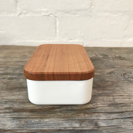 Noda Horo enamel butter case M, white ceramic container with lid, designed for storing butter, featuring a smooth, glossy finish.
