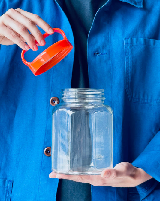 Large hand-blown glass bottle by Okawa Glass, featuring a classic design suitable for storage or decorative use.