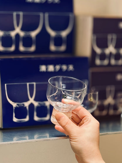 Sori Yanagi sake cup featuring a sleek, minimalist design with a clear glass body and elegant shape for serving sake.