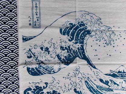 Japanese tenugui towel featuring Chōjū-giga and The Great Wave off Kanagawa designs by Kamawanu, traditional fabric art and print.
